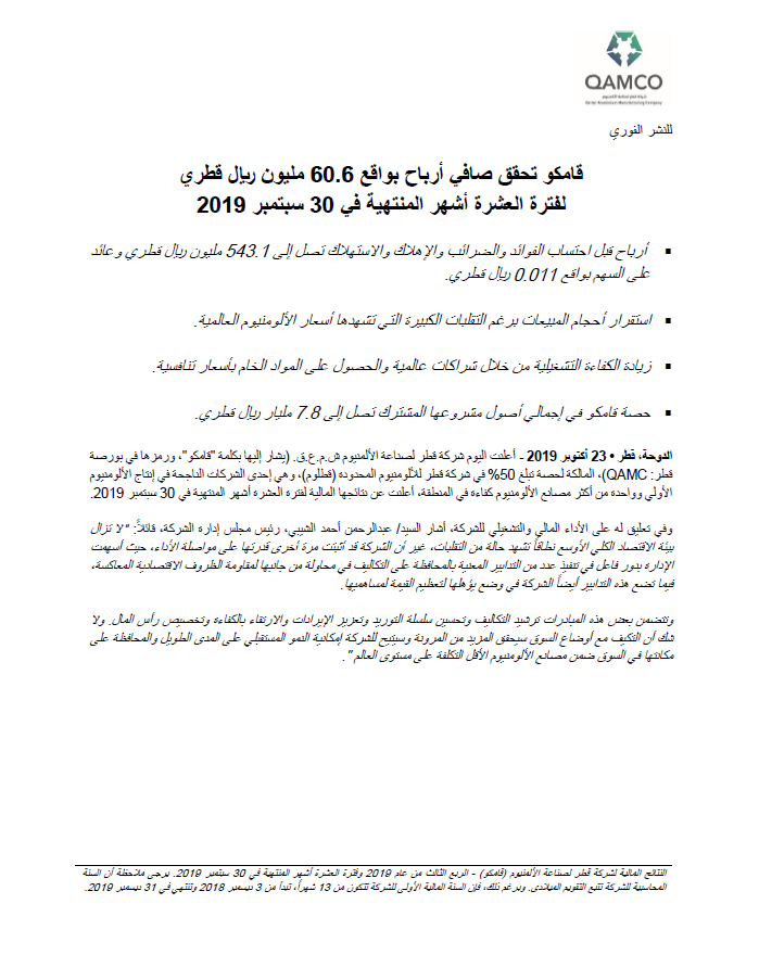 قامكو تحقق صافي أرباح بواقع 60.6 مليون ريال قطري