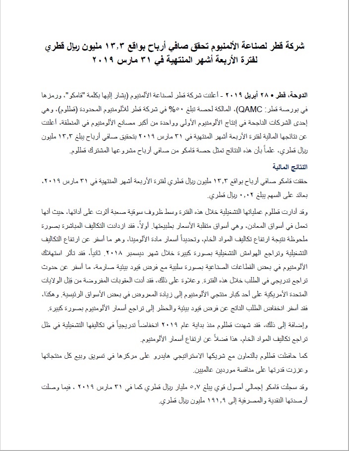 شركة قطر لصناعة الألمنيوم تحقق صافي أرباح بواقع 13.3 مليون ريال قطري لفترة الأربعة أشهر المنتهية في 31 مارس 2019 اقرأ المزيد 