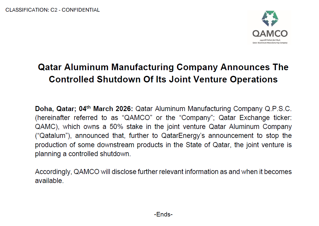 Qatar Aluminum Manufacturing Company Announces The Controlled Shutdown Of Its Joint Venture Operations 